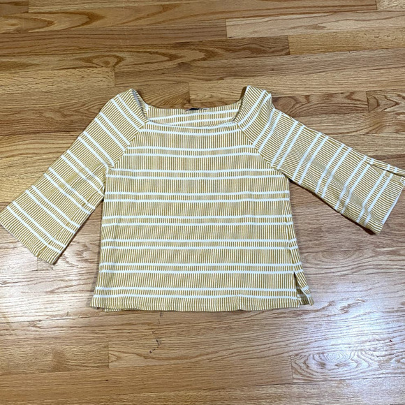 Anthropologie Postmark Mustard Yellow Striped Flared Sleeve Sweater size Medium - Picture 2 of 7